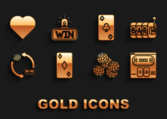 Set Playing card with diamonds symbol, Slot machine, Online poker table game, Casino chips, exchange stacks of dollars, clubs, heart and win icon. Vector