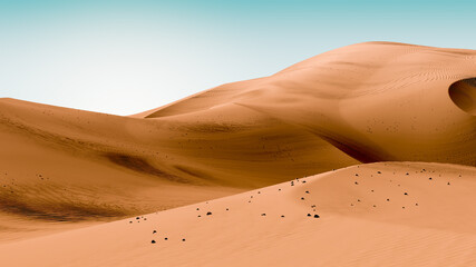 Fototapeta na wymiar Orange dunes and bright teal sky. Desert dunes landscape with contrast skies. Minimal abstract background. 3d rendering
