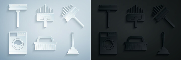 Set Brush for cleaning, Squeegee, scraper, wiper, Washer, Toilet plunger, Vacuum cleaner and icon. Vector