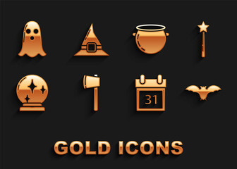 Set Wooden axe, Magic wand, Flying bat, Calendar with Halloween date 31 october, ball, witch cauldron, Ghost and Witch hat icon. Vector