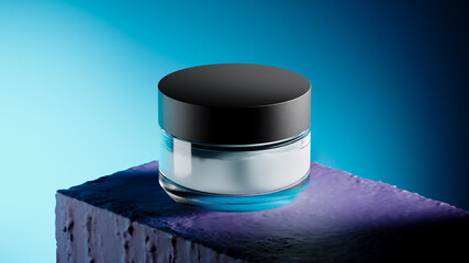 Natural cosmetic on the bright dark purple minimal stage for product presentation. Blue background. Mock up of the cosmetic jar with cream, lotion. Shampoo dispenser, liquid soap. Minimal design. 3d