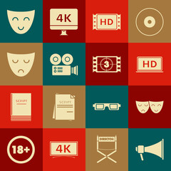 Set Megaphone, Comedy and tragedy theatrical masks, Laptop screen with HD video technology, 4k movie, tape, frame, Cinema camera, Drama, and Play Video icon. Vector