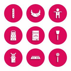 Set Cookbook, Electronic scales, Strainer spoon, Spatula, Windmill, Grater, Holiday gingerbread man cookie and French baguette icon. Vector