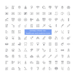 Line icon set with editable stroke not expanded. Healthcare and medicine one hundred plus symbols isolated on transpatent background.