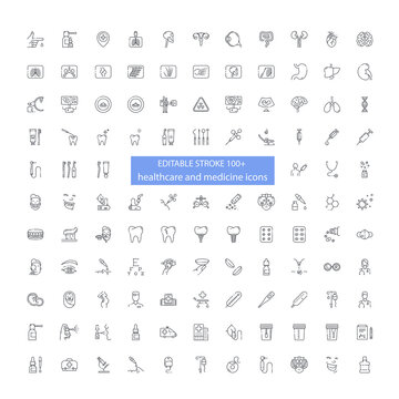 Line icon set with editable stroke not expanded. Healthcare and medicine one hundred plus symbols isolated on transpatent background.