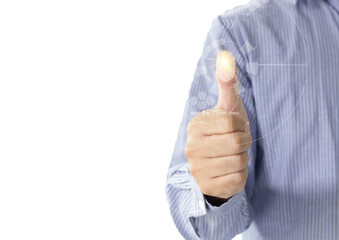 Businessman login with fingerprint scanning technology on isolated background