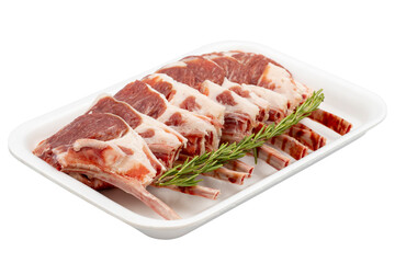 Marinated raw lamb chops on a white background. Lamb chops marinated in olive oil and various spices