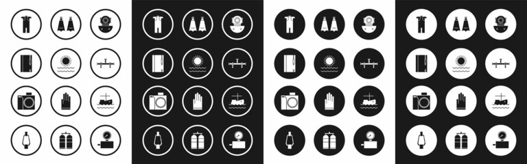 Set Aqualung, Sun and waves, Underwater note book pencil, Wetsuit for scuba diving, Manifold, Rubber flippers swimming, Fishing boat on and Photo camera diver icon. Vector © Oksana