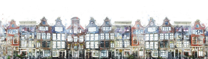 Background Frame of traditional old Amsterdam house - old tilted houses, windows, doors. Computer generated watercolor design. Background isolated on white. Amsterdam