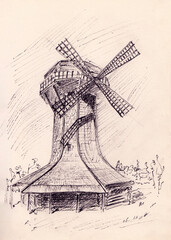Ink pen drawing of East European medieval windmill. Vertical artwork for print, travel poster, historical book illustration. Old architecture in Belarus. Peaceful landscape with cultural heritage.