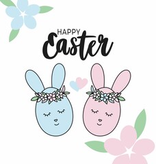 Two cute rabbits on a white background. Easter illustration. Multi-colored Easter eggs in the form of animals. Easter bunny.