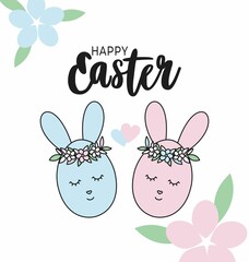Two cute rabbits on a white background. Easter illustration. Multi-colored Easter eggs in the form of animals. Easter bunny.