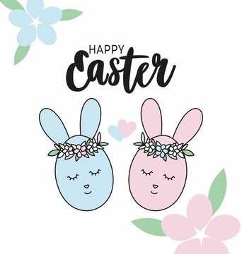 Two cute rabbits on a white background. Easter illustration. Multi-colored Easter eggs in the form of animals. Easter bunny.