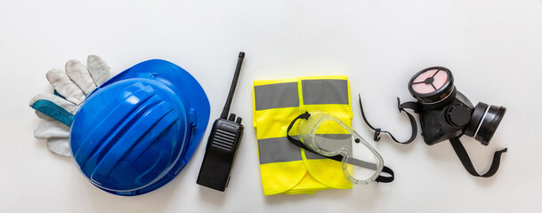 Work wear safety protection equipment isolated white background, personal protective gear, top view