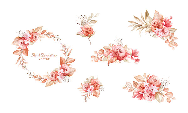 Set of watercolor floral arrangements of brown and burgundy and brown roses and leaves. Foliage decoration illustration for wedding card, fabric, and logo composition