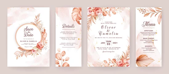 Foto op Aluminium Floral wedding invitation template set with brown and peach roses flowers and leaves decoration. Foliage card design concept © KeepMakingArt