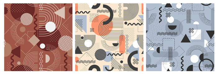 Vector seamless pattern with abstract Bauhaus or Memphis geometric shapes and composition. Retro elements, geometric pattern for banner, poster