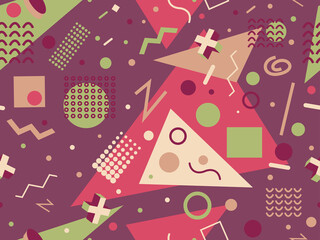 80s seamless pattern with geometric shapes in memphis style. Circles and triangles. Colorful abstract background for printing on promotional items, banners and wrapping paper. Vector illustration