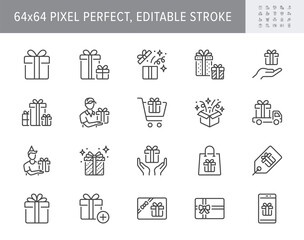 Gifts line icons. Vector illustration include icon - box, present card, package, price tag, service, birthday, coupon, surprise outline pictogram for christmas. 64x64 Pixel Perfect, Editable Stroke
