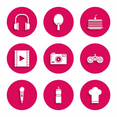 Set Photo camera, Fitness shaker, Chef hat, Gamepad, Microphone, Play Video, Cake and Headphones icon. Vector