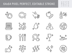 Dish wash line icons. Vector illustration include icon - disinfect, biodegradable detergent, skin gentle, dishwasher soap outline pictogram for tableware cleaning. 64x64 Pixel Perfect Editable Stroke