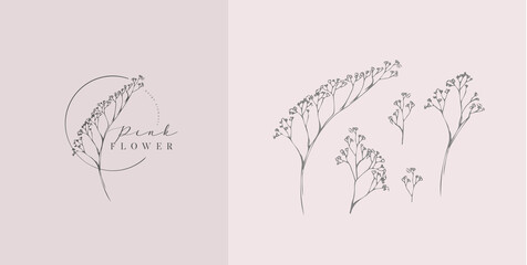 Set of inimal feminine botanical floral branch and logo. Hand drawn wedding herb, homeplant with elegant leaves. Botanical rustic trendy greenery vector