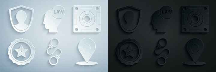 Set Handcuffs, Safe, Police badge, Map marker with silhouette of person, Head law and User protection icon. Vector