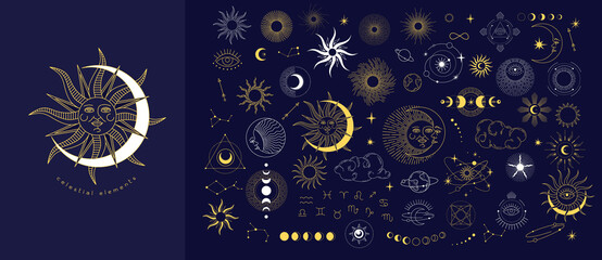 Set of celestial mystic esoteric magic elements sun moon and clouds Different stages of moon, zodiac Signs. Alchemy tattoo object logo template. Vector - obrazy, fototapety, plakaty