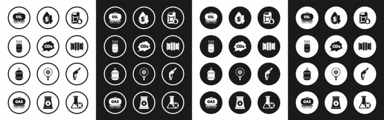 Set Canister for motor machine oil, CO2 emissions cloud, Propane gas tank, Oil railway cistern, Industry metallic pipes and valve, Drop crude price, Gasoline pump nozzle and icon. Vector