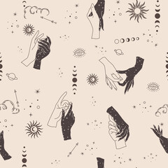 Spiritual esoteric magic logo or talisman with woman hands in silhouette style with stars, sacred geometry moon and sun. Alchemy mystic tattoo object logo template. Vector