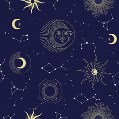 Vector seamless pattern with celestial mystic esoteric magic elements sun moon and clouds Different stages of moon, zodiac Signs. Alchemy tattoo template