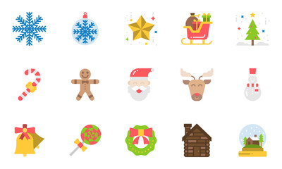 Christmas Icons Flat Vector Illustration, snowflake, candy, sleigh, christmas day
