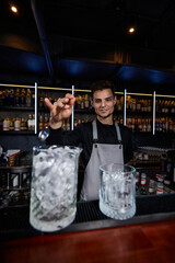 Barman stirring ice cubes in cocktail glass with spoon