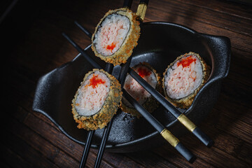 Sushi- delicious asian. Fast food. Hashtag- restaurant concept