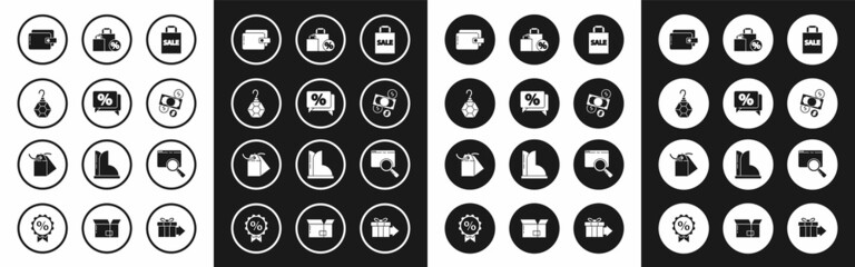 Fototapeta premium Set Shoping bag with Sale, Discount percent tag, Earring, Wallet, Money cash and coin, discount, Search browser window and Blank label template price icon. Vector