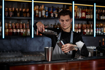 Barman puts the ice cubes into a glass