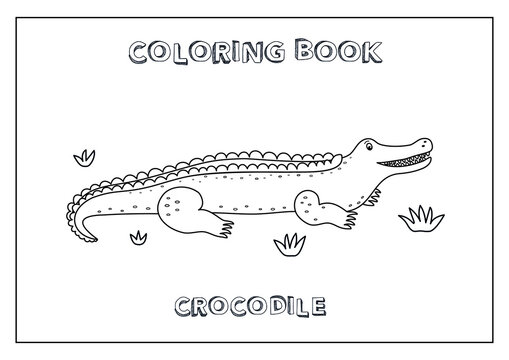 Kids Coloring book with Crocodile. Black and white, made in vector.