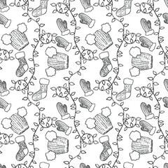 Doodle, seamless pattern of simple illustrations on the theme of Christmas, knitted hat, mittens, socks and Christmas garland
