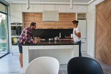 Beautiful lady and bearded man having conversation in the home apartments