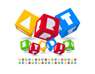 Vector colorful logo Art Studio with creative Block Font. Cubic set of Alphabet Letters and Numbers