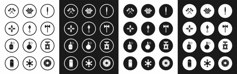 Set Baseball bat, Japanese ninja shuriken, Crossed medieval axes, Medieval, shield with crossed, Handle detonator for dynamite and grenade icon. Vector