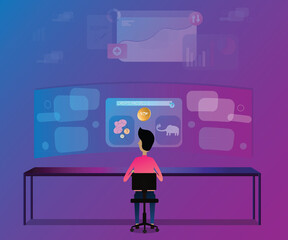 Flat design of digital technology,A man sitting in front of computer for create and sell his NTF - vector