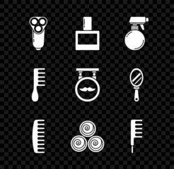 Set Electric razor blade for men, Aftershave, Hairdresser pistol spray bottle, Hairbrush, Towel rolls, and Barbershop icon. Vector