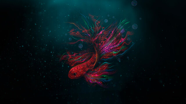 Neon colorful fish on a dark background of the sea day. The depth of the sea, fish. 3D illustration.