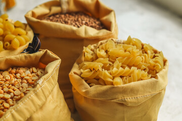 Groceries in eco bag. Eco friendly bag with groats. Zero waste concept.