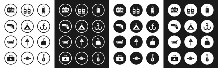 Set Suitcase, Tourist tent, Flare gun pistol, Rv Camping trailer, Anchor, Walkie talkie, gas stove and Cinema camera icon. Vector
