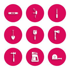 Set Putty knife, Cement bag, Roulette construction, Wooden axe, Claw hammer, Shovel, Screwdriver and Construction bubble level icon. Vector