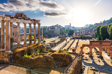 Mysterious Roman Forum ruins at sunset, Rome, Italy