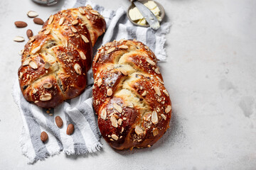 Sweet Challah traditional Jewish bread with almonds and cranberries