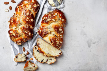 Sweet Challah traditional Jewish bread with almonds and cranberries